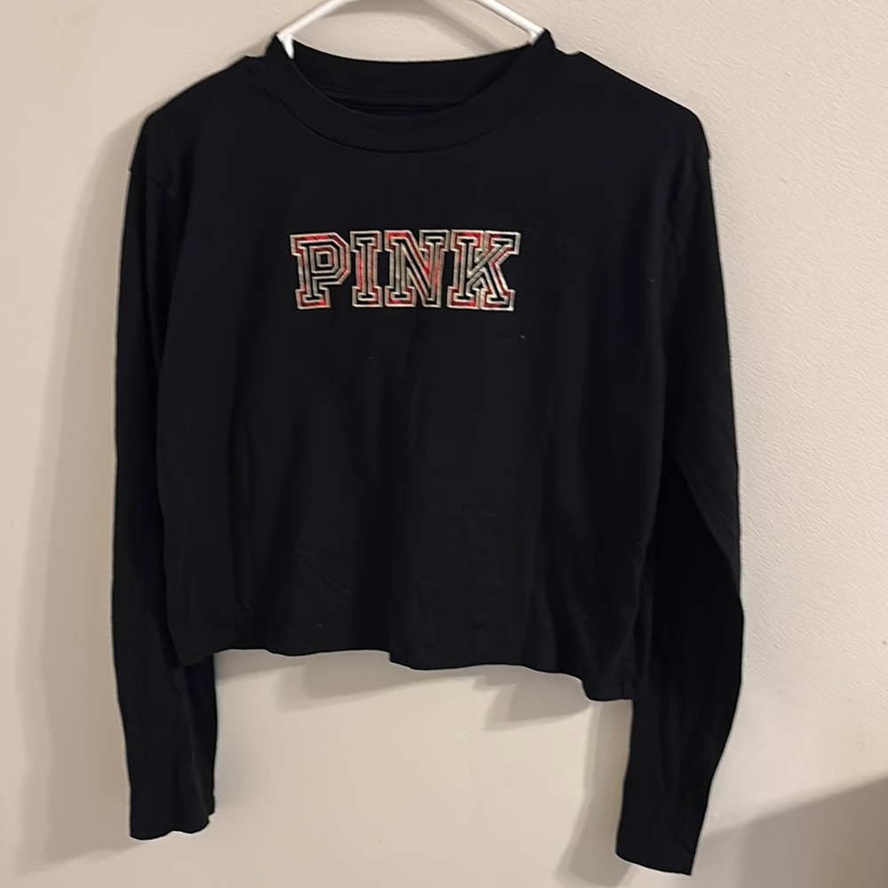 Black Long Sleeve Crop Top with Pink Logo